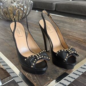 Valentino Garavani Black Leather Studded Bow Platform Slingback Heels